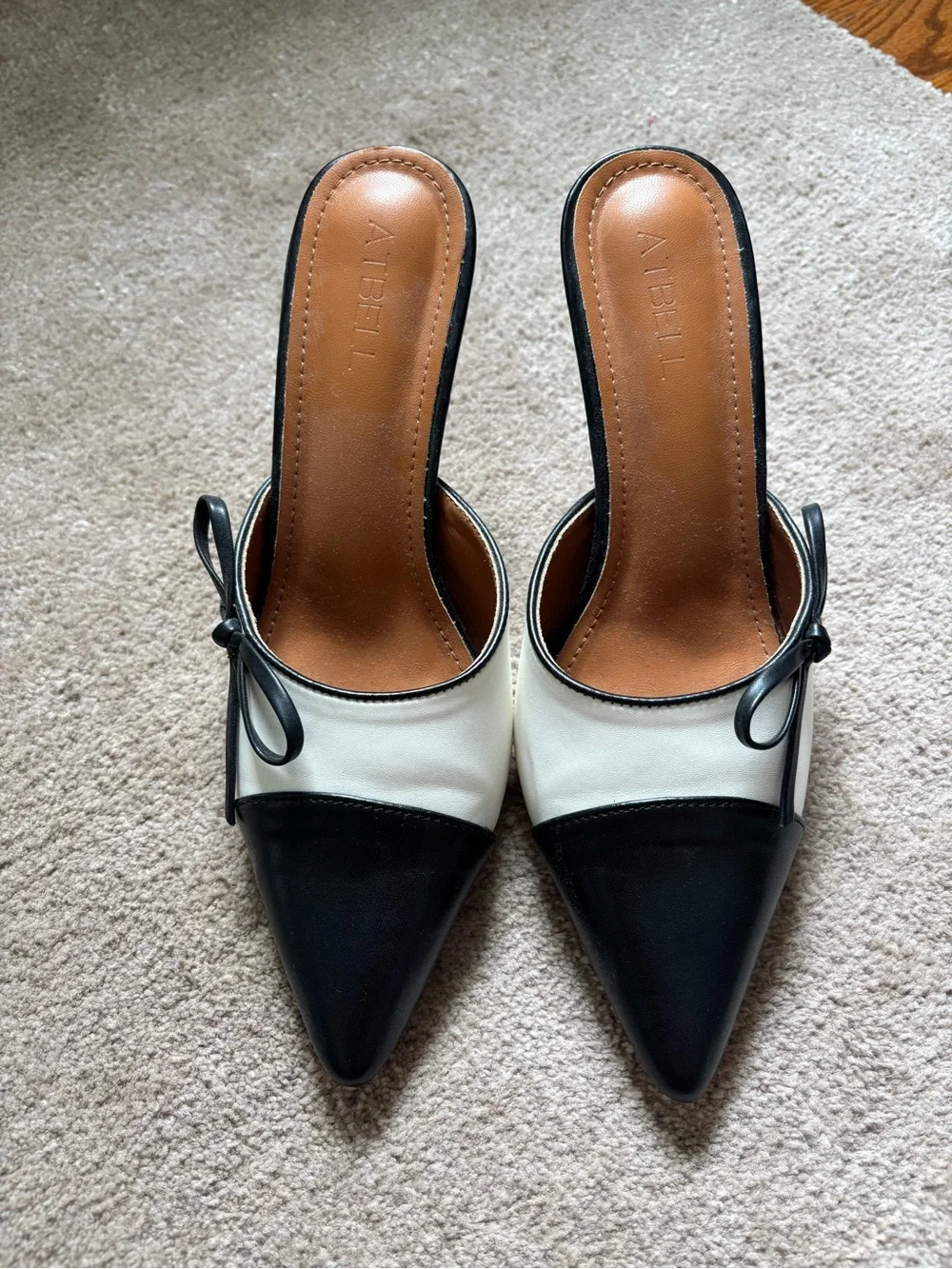 Atbell Pointed Toe Black & White Mule Heels with Bow - Picture 6 of 6